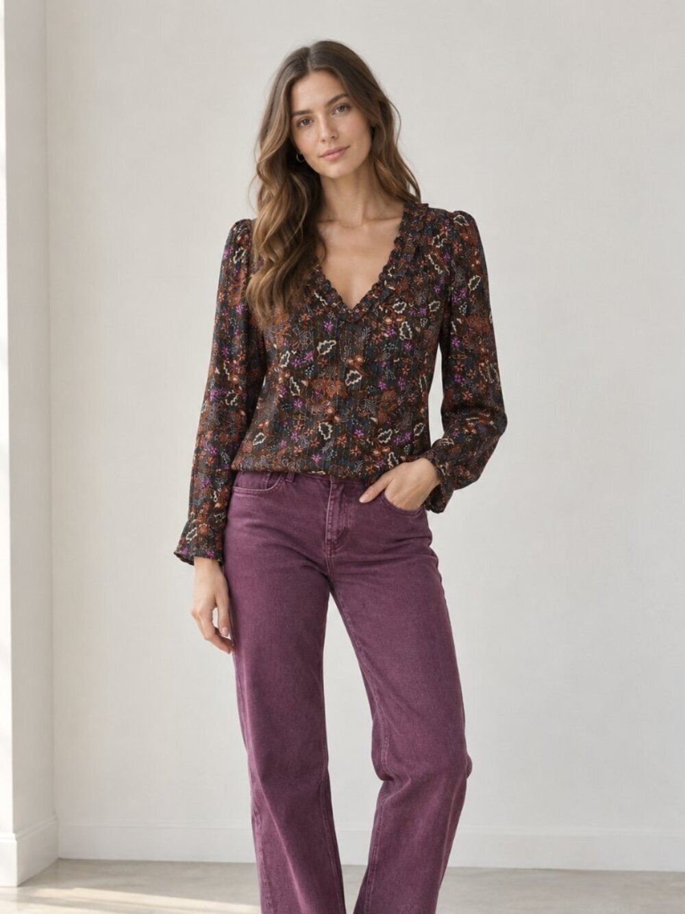 Dear John Multicolor Floral Blouse Metallic Ruffle Neck Small 0389